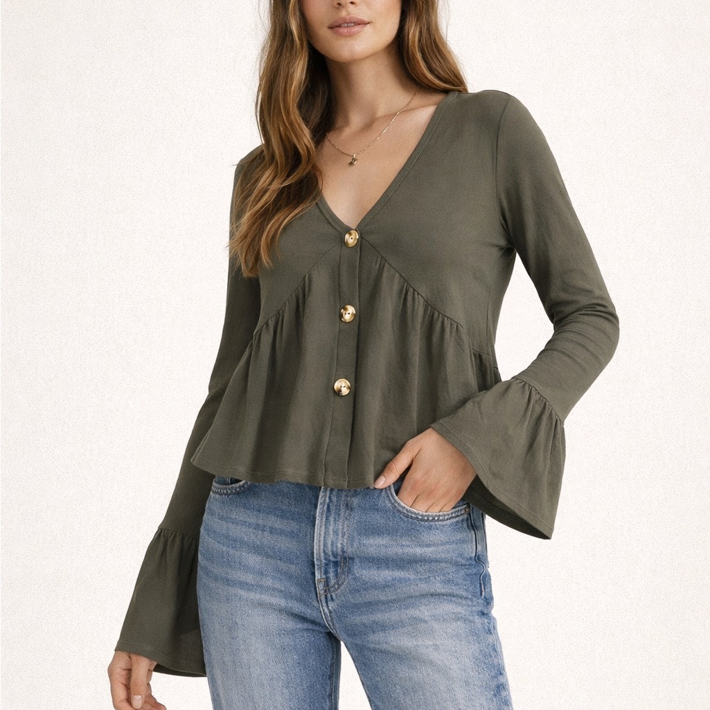 Nwt Boohoo Olive Green Flared Sleeve Blouse